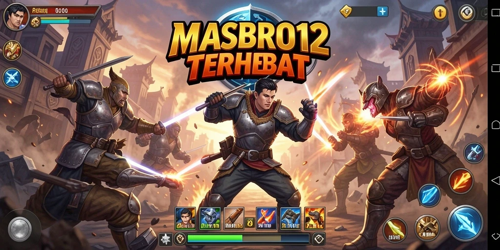 Screenshot utama menunjukkan pertarungan intens dalam game Fighting
