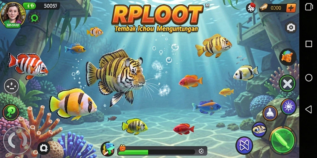 Tampilan utama gameplay <strong>RPLOOT</strong> dengan ragam ikan dan senjata yang menarik.